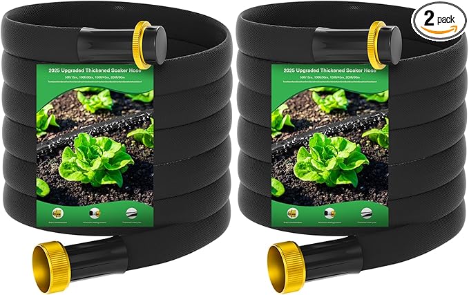Mixc 2025-Thickened Flat Soaker Hose 100Ft with Copper Joint,Aluminum Seal,1mm Thickened Hose,360°Swival Handle and Inlet,Hole Pressure Relief Gasket,Drip Kit for Vegetable Garden,Lawn,Flower Bed