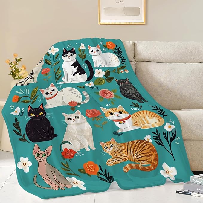 Cat Blanket, Cats Throw Blanket, Floral Gifts Blankets Stuff Fleece Flannel Plush for Girls Women Men Boys Lovers Adults Soft Bedding Gift for Sofa Bed Office Home Decor 60"x50"
