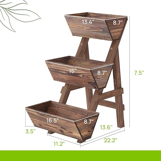 3-Tiers Wooden Raised Garden Bed Tiered Planter Box Vertical Garden Planter Wood Plant Stand for Patio, Balcony, Freestanding (Carbonized S)
