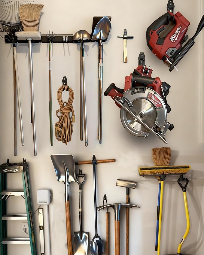 Garden Tool Organizer 48 in with 18 Garage Hooks, Heavy Duty Garage Wall Hooks for Hanging Ladder, Bike, Tool Storage Rack for Yard Tools, Shovel, Shed (23 Pack)