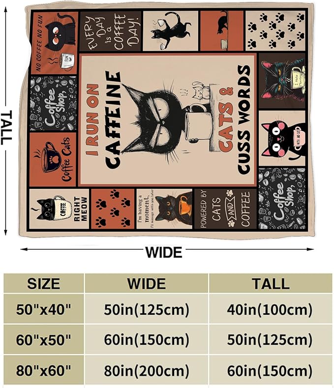 Coffee Blanket, Black Cat Coffee Throw Blanket, Cafe Gifts Blankets Stuff Fleece Flannel Plush for Girls Women Men Boys Lovers Adults Soft Bedding Gift for Sofa Bed Office Home Decor 80"x60"
