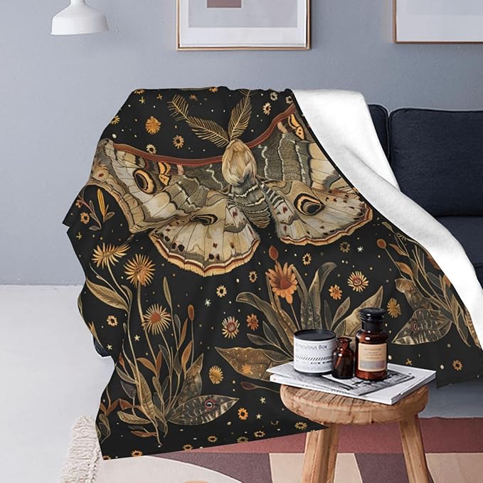 Moth Moon Blanket Witchy Vintage Butterfly Sunflower Decor Throw Blanket Comfy Plush Flannel Fleece Warm Soft Fuzzy Blanket Gothic Gifts for Girls Boys Women Teens for Room Bed Sofa Couch 60"X80"