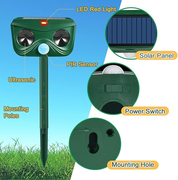 4 Pack Ultrasonic Animal Repellent Cat Repellent Outdoor Solar Animal Deterrent Deer Repellent Devices Motion Activated Scare Cat Dog Skunk Deer Rabbit Squirrel Mouse for Garden Yard