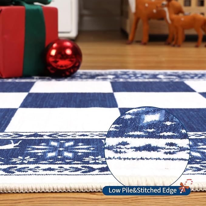 GarveeHome Blue 4x6 Rugs for Living Room, Washable Rug for Christmas Decor, Indoor Non Slip Carpet, Checkered Soft Low Pile Christmas Rug for Entryway, Bedroom, Dining Room