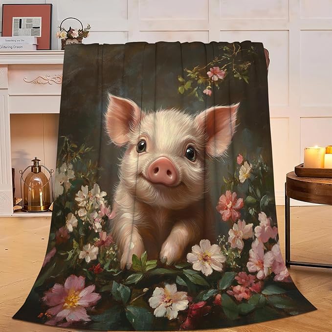 Pig Blanket Cute Pig Flower Throw Blanket Soft Warm Cozy Fuzzy Plush Vintage Gifts for Girls Women Lightweight Fleece Flannel Stuff Decor Gift for Kids Adults 80"X60"