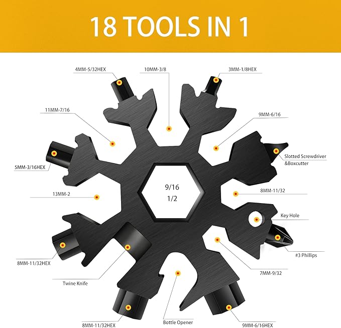 FZENeast Snowflake Multitool, 3 Pcs 18-in-1 Stainless Steel Snowflake Standard Multi-Tool, Snowflake Wrench with Key Ring, Carabiner Clip and Storage Bag (Black)