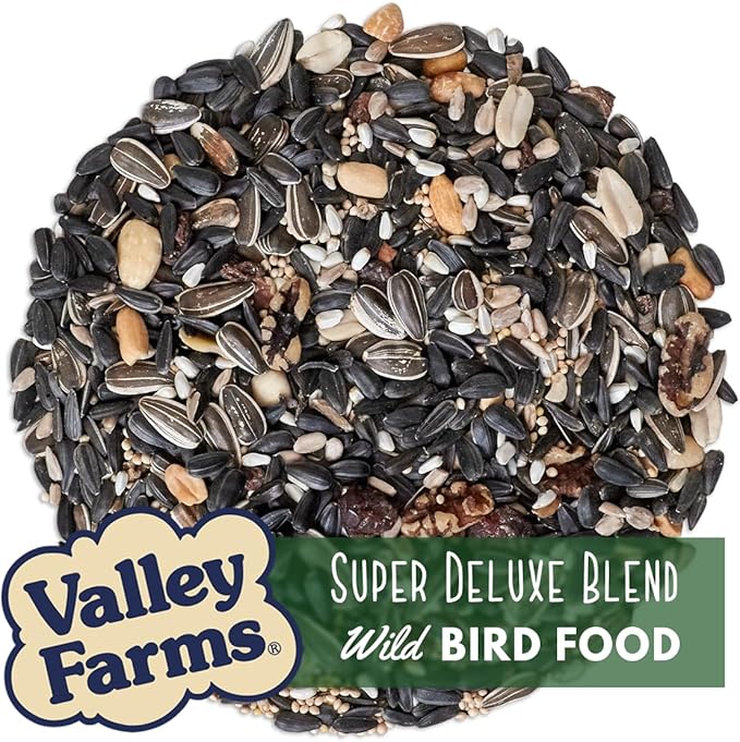 Valley Farms Super Deluxe Wild Bird Food for Outside feeders - 0% fillers - Loads of Sunflower Seed - w/Peanut kernels -Feed More Birds w/Less Seed (4 LBS)