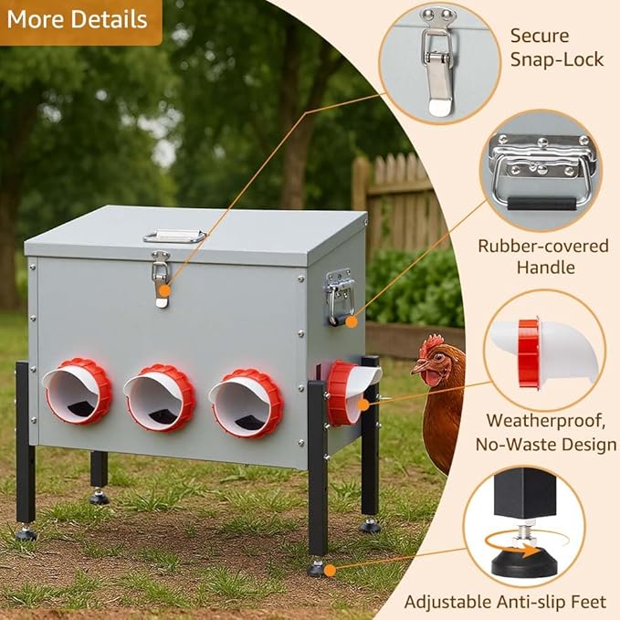 unipaws 50 LBS Automatic Chicken Feeder with 8 No-Waste Ports, 4 Height Adjustments, Weatherproof Metal Poultry Feeder with See-Through Window & Inclined Roof for Chickens & Ducks