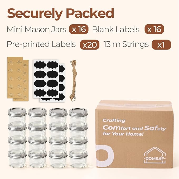 ComSaf Mini Mason Jars 4oz - 16 Pack, Regular Mouth Mason Jar with Lids and Seal Bands, Small Glass Canning Jar for Spice, Jam, Honey, Jelly, Dessert, Shower Wedding Favors, DIY Candles Decor