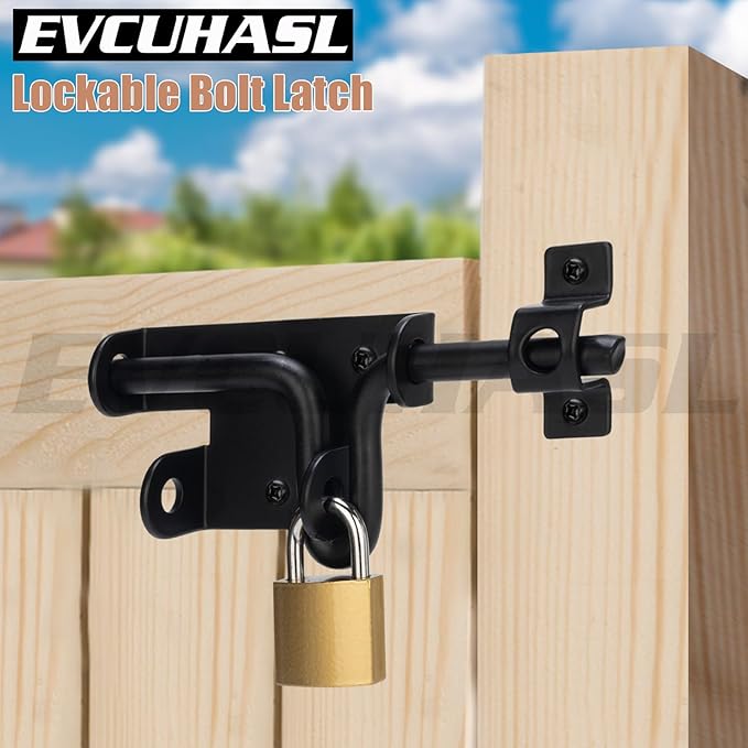 Slide Bolt Gate Latch with Padlock Hole, Heavy Duty Sliding Bolt Door Lock Hardware for Wooden Fence, Shed Gates, Barn Doors, Backyard Gate, Bolt Latch with Black Finish, 3 Pack