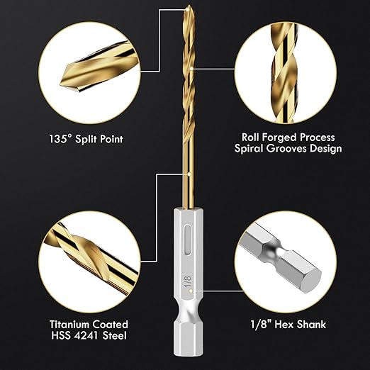 Hex Shank Drill Bit Set, 16Pcs 1/8" HSS Titanium Twist Drill Bit for Sheet Metal, Wood, Plastic, Quick Change Design