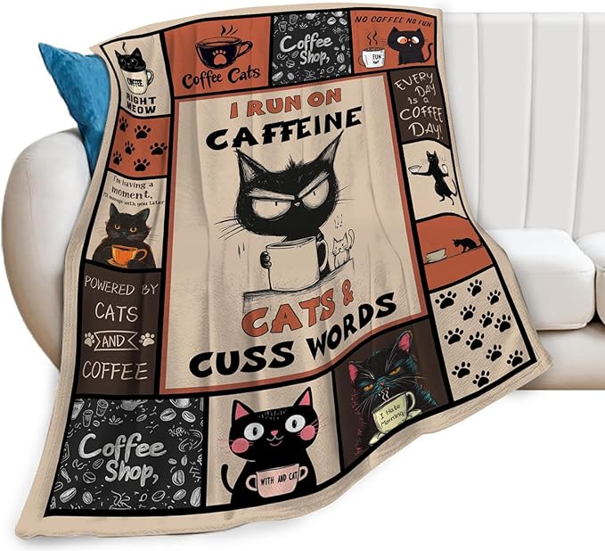 Coffee Blanket, Black Cat Coffee Throw Blanket, Cafe Gifts Blankets Stuff Fleece Flannel Plush for Girls Women Men Boys Lovers Adults Soft Bedding Gift for Sofa Bed Office Home Decor 60"x50"