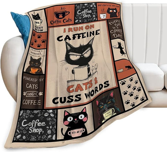 Coffee Blanket, Black Cat Coffee Throw Blanket, Cafe Gifts Blankets Stuff Fleece Flannel Plush for Girls Women Men Boys Lovers Adults Soft Bedding Gift for Sofa Bed Office Home Decor 40"X50"