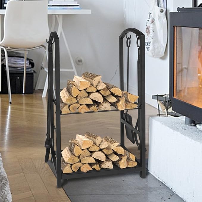 ATR ART TO REAL Firewood Log Rack Fireplace Tool Sets Black Wrought Iron Firewood Storage Holder Fireplace Wood Carrier Fireside Lumber Stacking Log Bin Brush Shovel Poker Tongs 17.8 x 11.8 x 29.3in