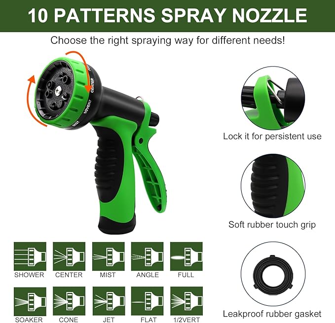 Garden Hose 100 FT, Water Hose with 10-Function High-Pressure Spray Nozzle, Heavy Duty Flexible Hose, 3/4" Solid Brass Fitting Leakproof Design