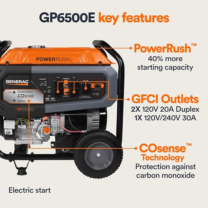 Generac 8,125 Starting Watt Gas-Powered Portable Generator - COsense Technology - PowerRush Advanced Technology - Reliable Power for Emergencies, Recreation, Home - 49 State Compliant