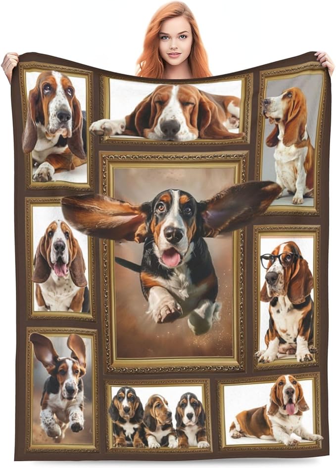 Basset Hound Throw Blanket Cute Running Basset Decor Blanket Super Cozy Plush Lightweight Soft Plush Flannel Fleece Blanket Gifts for Dog Lovers Women Men Boys Girls Kids for Sofa Bed Couch 40"X50"