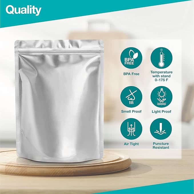 BELLE KR® 50 Pcs 1 Gallon Mylar Bags for Food Storage - 9.5 mil - Stand-up Gal Mylar Bags Reseaable - Includes Label