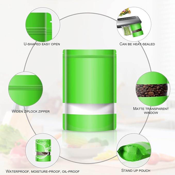 100 Pack Smell Mylar Proof Bags for Food Storage, Resealable Packaging Bags for Small Business, Stand Up Foil Pouches Reusable Heat Sealable Bags with Clear Window (Green, 7.8x11.8 In)