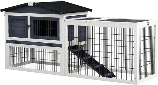 PawHut Rabbit Hutch Outdoor Indoor, 54" L Large Rabbit Cage with Waterproof Openable Roof, No-Leak Tray, Ramp, Run, for Bunnies, Guinea Pigs, Dark Gray