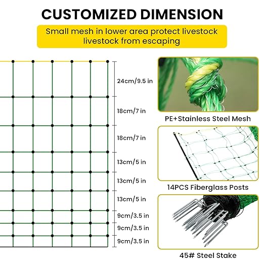 Electric Fence Netting, 49.6" H x 164'L Electric Anti-Predator Poultry Fence, PE Net Fencing Kit with 14 Posts Double Spiked, Movable Livestock Nets for Sheep, Hogs, Cattle and Other Poultry