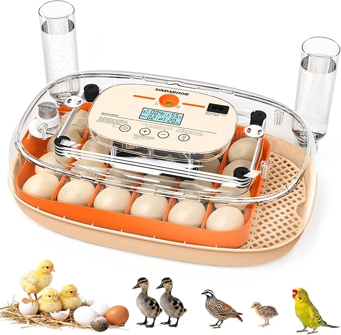 Egg Incubator for 24 Chicken Eggs with Automatic Turner, Digital Temperature Control & Humidity Display, Candler, Poultry Hatcher for Chicken, Duck, Quail, Birds (Orange)