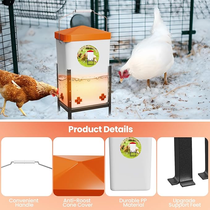 Nexum 3 Gallon Heated Chicken Waterer, Thermostatically Controlled Anti-Freeze Poultry Drinker with 4 Nipples & Adjustable Stand for Winter Coop Accessories (Orange)
