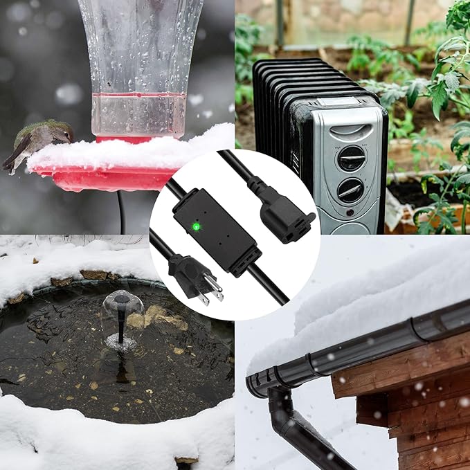 Thermostat Controlled Extension Cord - On at 32°F/Off at 50 °F, Thermostat Controlled Outlet No Need to Close Manually, for Chicken Water Coop Heater Heated Water Bowl Bird Bath Deicer Roof Cable