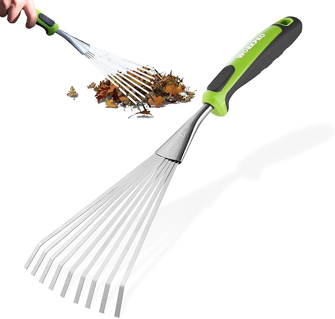 WORKPRO 16" Hand Rake, Heavy Duty Stainless Steel Garden Rake with Soft Handle, Small Garden Hand Tool for Gardening, Cultivating, Loosening Soil & Spreading Mulch, Flower Beds
