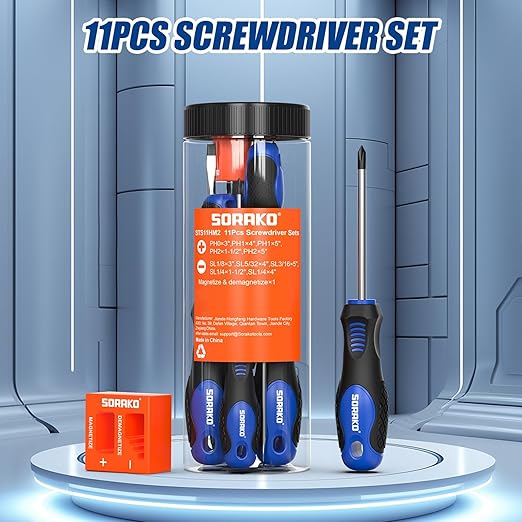 SORAKO 11-Piece Magnetic Screwdriver Set, 5 Phillips and 5 Slotted Tips, Include Magnetizer, Screwdriver with Professional Non-Slip Grip, for Home Repair and DIY Projects，With Case
