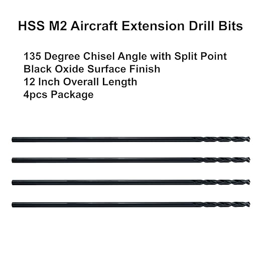 MAXTOOL 1/8"x12" 4pcs Identical Aircraft Extension Drills HSS M2 Extra Long Deep Twist Drill Bits Straight Shank Fully Ground Black; ACF02B12R08P4