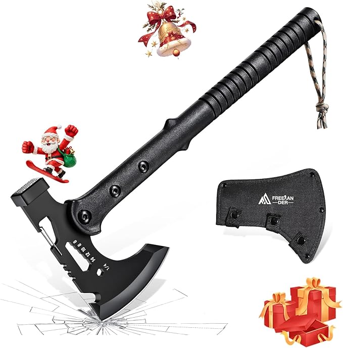 Freelander Camping Axe with Sheath, Sharp Tactical Hatchet Axe with Clip and Bottle Opener, Multi-Functional Hammer Tactical Tomahawk, Survival Tomahawk Axe for Camping (Black, 15 Inch)
