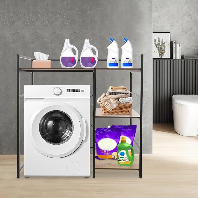 3 Tier Washing Machine Storage Shelf, Laundry Organizer Utility Rack with Side Shelves for Washer Dryer, Black Modern Storage Cabinet for Laundry Room Kitchen Balcony Hotel Porch