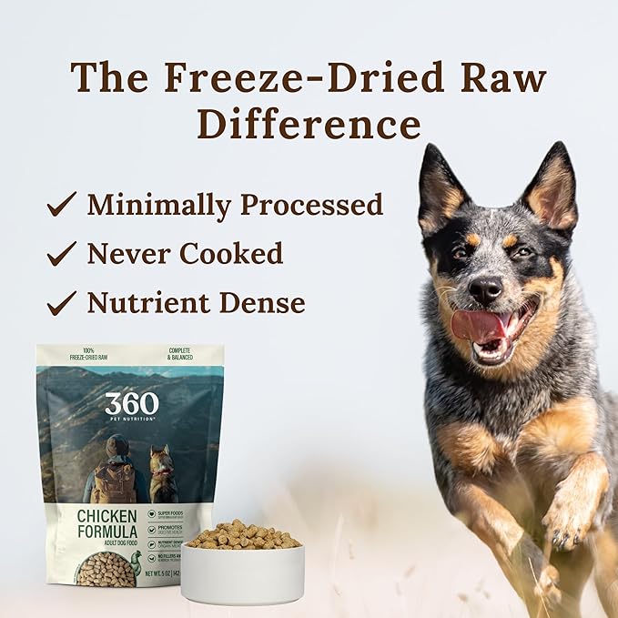 360 Pet Nutrition Freeze-Dried Raw Dog Food – Chicken Recipe with Liver & Organs, High Protein, Omega-3s, Fruits, Veggies & Superfoods, Grain-Free, No Fillers, 5 oz – Made in USA
