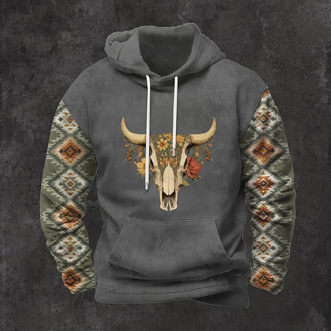Mens Hooded Sweatshirt Vintage American Element Long Sleeve Fall Hoodie Classic Drawstring Front Pocket Pullover