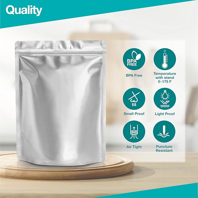 BELLE KR® 50 Pcs 1 Gallon Mylar Bags with Oxygen Absorbers (500cc) - 9.5 mil - Gusseted Mylar Bags 1 Gallon Resealable & Heat Sealable for Long Term Food Storage - Labels Included