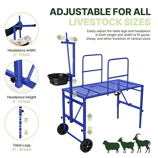Goat Stand with Adjustable Headpiece & Legs, Goat Milking Stand with Feeder, Rails & Wheels, Stanchion for Grooming & Hoof Trimming, Sheep Stand for Shearing Heavy-Duty Steel Platform, Blue