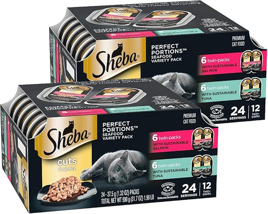 Sheba Perfect Portions Wet Cat Food Cuts in Gravy, with Sustainable Salmon, and with Sustainable Tuna, 2.6 oz. Twin-Pack Trays (12 Count, 24 Servings) (Pack of 2)