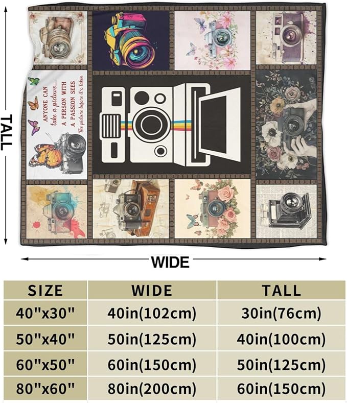 Retro Camera Fleece Blanket Photography Throw Blankets for Girls Boys Super Soft Warm Flannel Vintage Throws Gifts for Men Women Cozy Fuzzy Plush Stuffed Couch Bed Bedding Decor 50"X40"