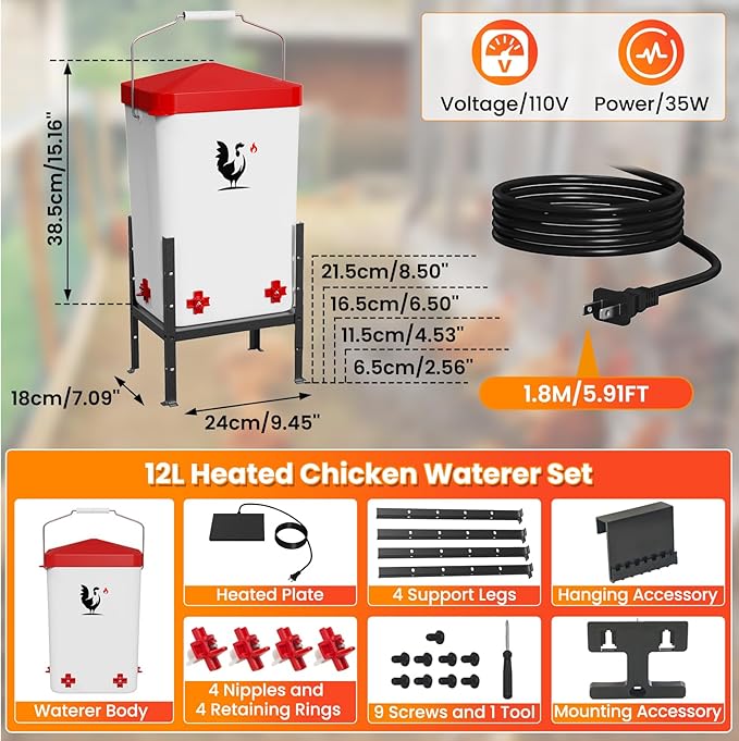 Heated Chicken Waterer for Winter, 3.2 Gallon Poultry Water Heater with 4 Horizontal Nipples, Thermostatically Controlled, 4 Adjustable Heights, Anti-Freezing Watering System for Coop