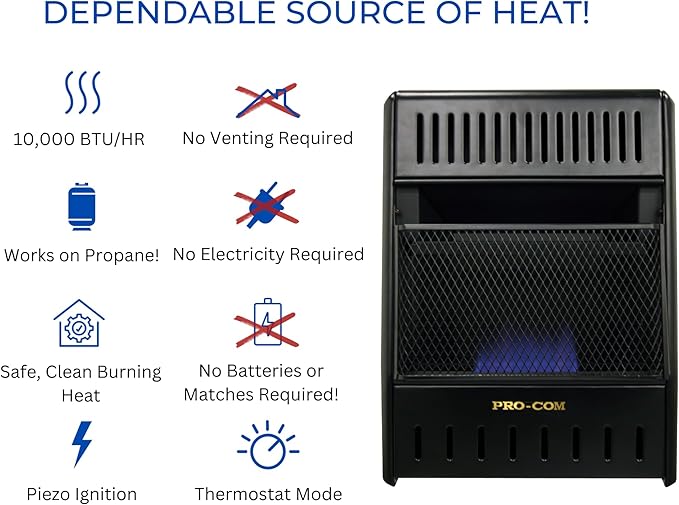 ProCom ML100TBAHR Ventless Propane Gas Blue Flame Space Heater with Thermostat Control for Living Room, Bedroom, Home Office, 10000 BTU, Heats Up to 300 Sq. Ft., Includes Wall Mount, Black