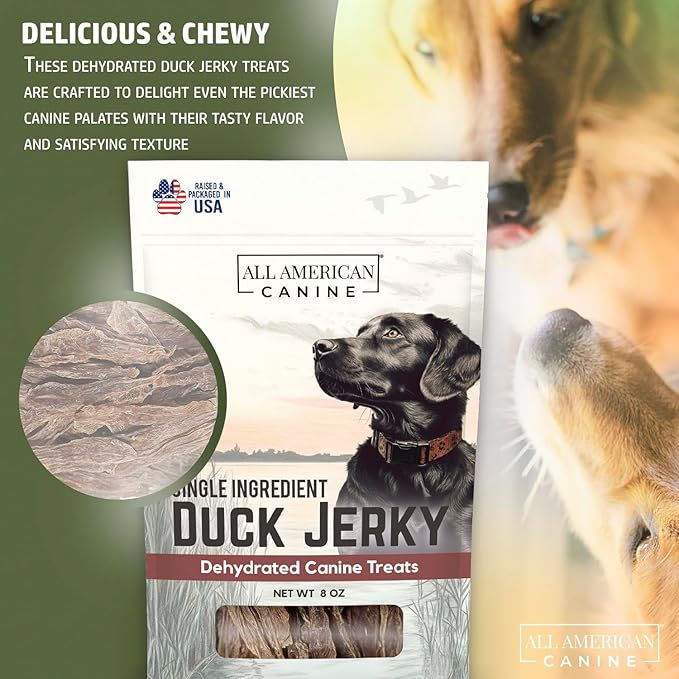 Duck Jerky, Natural Single Ingredient, Chewy Digestible Low-Fat Dehydrated Meat Dog Treats Made in USA. for Training, Rewarding, Teeth Cleaning, 8 oz