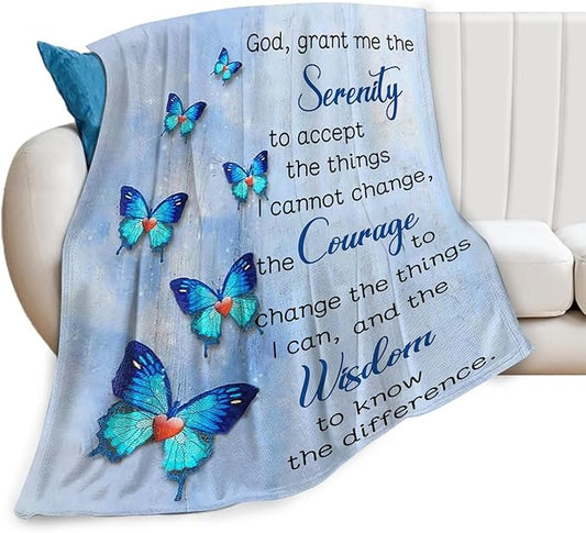 Tijuboni Christian Serenity Prayer Throw Blanket Blue Butterfly Gifts for Women Men Girls Boys Kids Adults Soft Flannel Fleece Blanket for Couch Sofa Bed Home Decor 50"x60"