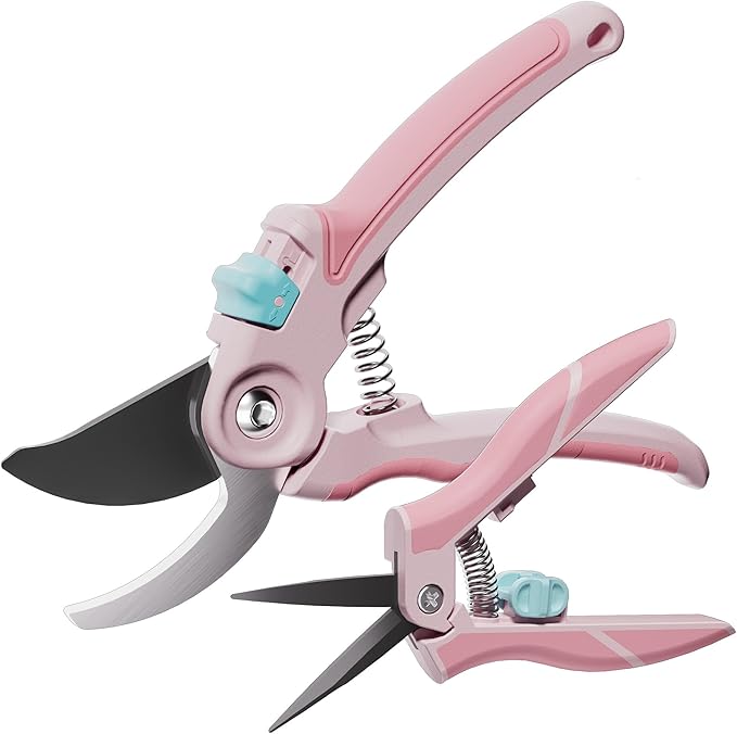 NEXON Garden Pruning Shears 2 Pack, 8" Bypass Hand Pruner & 6.25" Precision Garden Scissors, Professional Garden Clippers for Plants and Flowers Pink