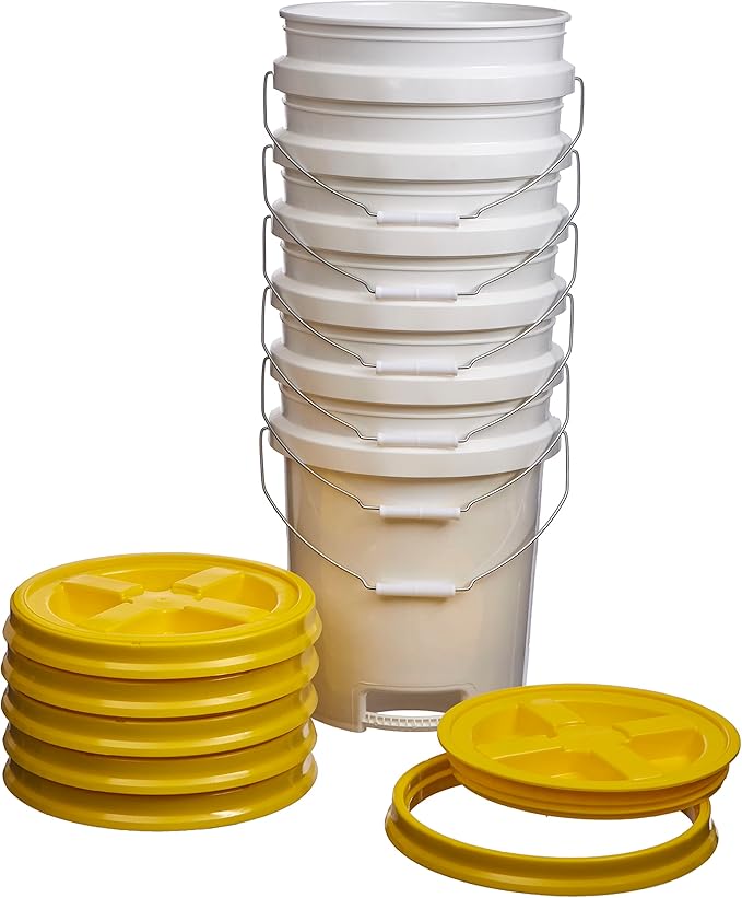 Consolidated Plastics 5 Gallon White Food Grade Buckets with Bottom Grip Handle & Gamma Seal Lids, BPA Free Container Storage, Durable HDPE Pails, Made in USA (6 Pack, Yellow Lids)
