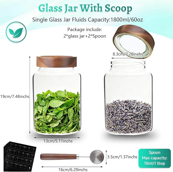 Glass Coffee Jars Spice Jar Round Storage Canister with Wooden Lid Clear Glass Food Jar for Pantry Sugar Tea Coffee Bean Spice Nuts Cookies Bath Salts (1800ml/60oz-2PACK（with spoon)