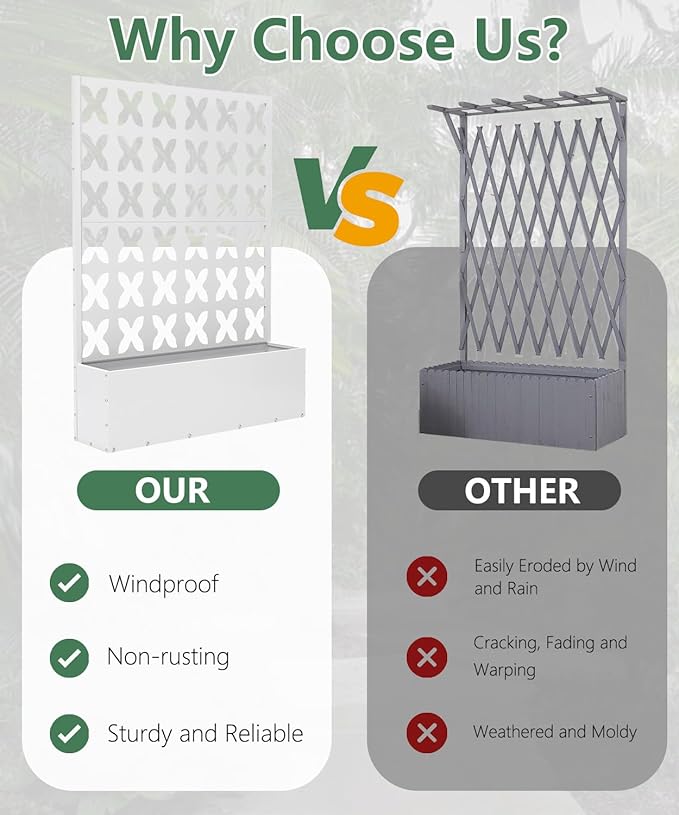 2PCS Metal Planter Box with Trellis,70.9"x47.2"x15.7" Raised Garden Bed with Drainage Holes, Privacy Planters for Outdoor Garden Bed for Climbing Plants,Vegetables,and Vines, White-X