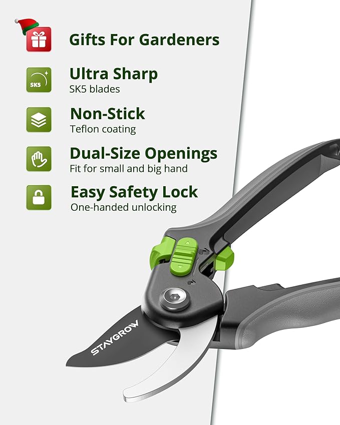 Pruning Shears for Gardening - 8.5" SK5 Garden Shears Cuts 10000+ Times Staying Sharp - Garden Scissors with One-handed Unlocking & Adjustable Handle- Garden Clippers Gardening Tools for Men Women