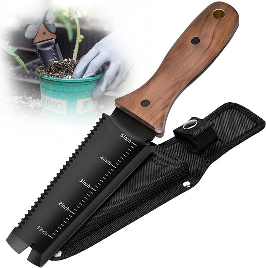 Hori Hori Garden Knife, Garden Tools with Sheath, 6" Stainless Steel Blade with Cutting Edge, Full-Tang Walnut Ergonomic Wood Handle with Hanging Hole, Weeding, Planting, Digging