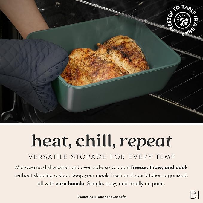 Ceramic Coated Glass Food Storage Container | No PTFE, PFOA, PFAS, and BPA | Reusable Non Toxic Meal Prep Container with Glass Lid | Easy To Store | 5 Cup Square [Pine]